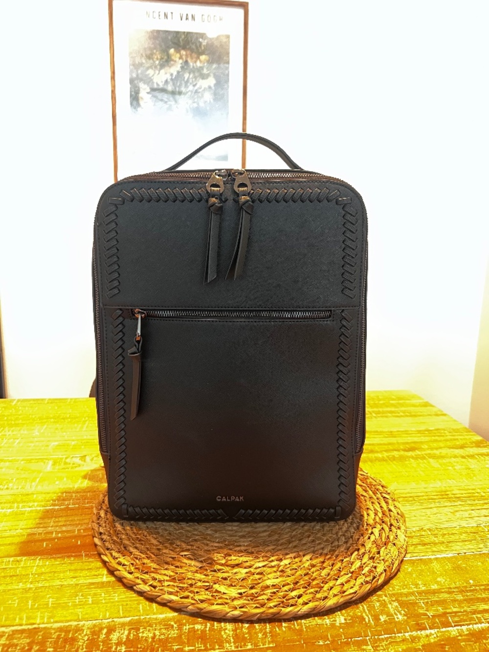 CALPAK Black Faux Leather Laptop Backpack Gold Hardware